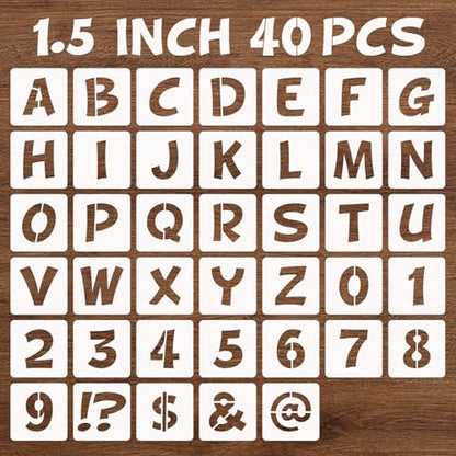 BAMIDELE 1.5 Inch Letter and Number Stencils, 40 Pcs Reusable Plastic Alphabet Spray Paint Stencils for Painting on Wood, Wall, Fabric, Rock, Chalkboard, Door Porch, Signage, DIY Craft Decoration - size: 1.5 Inch