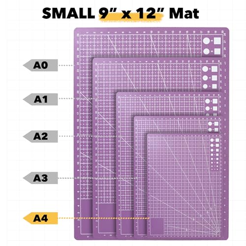 Mandala Crafts Self-Healing Cutting Mat Set – 9" x 12" A4 Purple Pink Double-Sided 5-Ply Mat with Fabric Cutter, Quilt Ruler & Craft Knife for Sewing, Quilting, Leather & Scrapbooking - color: Purple Combo, size: 9 x 12 Inches Mat Combo