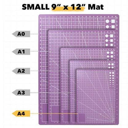 Mandala Crafts Self-Healing Cutting Mat Set – 9" x 12" A4 Purple Pink Double-Sided 5-Ply Mat with Fabric Cutter, Quilt Ruler & Craft Knife for Sewing, Quilting, Leather & Scrapbooking - color: Purple Combo, size: 9 x 12 Inches Mat Combo