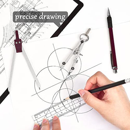 Unjoo 9Pcs Precision Geometry Set Metal Compass, Geometry Tool Tool Set with Shatterproof Storage Box, Circle Drafting Tool and Architecture, Drafting Kits for Engineers Students (Brown) - color: 9pcs-red