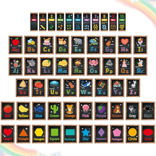 57 Pcs Alphabet for Classroom Wall ABC Alphabet Poster Letters Number line Colors Shapes Wall Chart Cards Bulletin Board Decorations for Back to School Classroom Decor(Chalk Blackboard) - style: Wooden