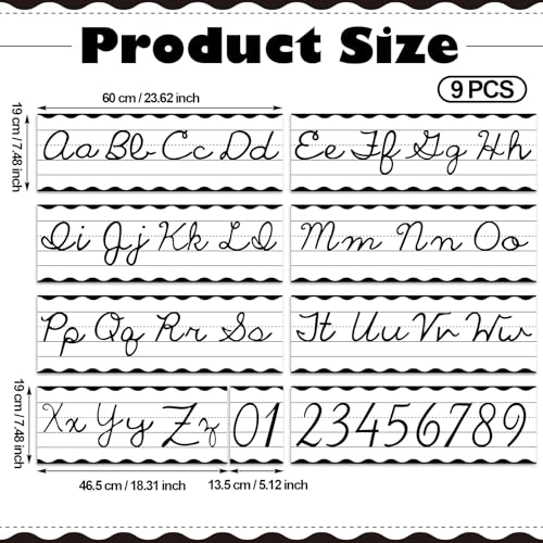 Set of 9 Cursive Writing Bulletin Board Cursive Alphabet Wall Strip for Teacher Supplies, Classroom Teaching Tool, Homeschooling, Kids Education (Classic Black) - style: Classic Black