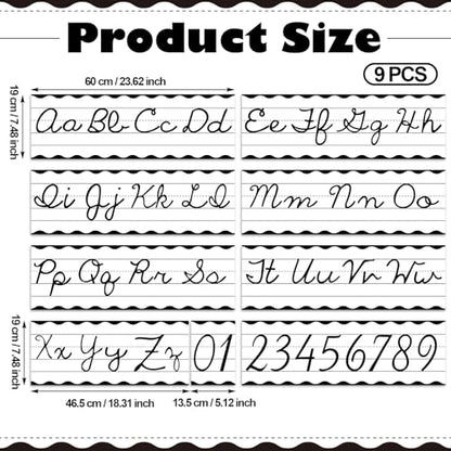 Set of 9 Cursive Writing Bulletin Board Cursive Alphabet Wall Strip for Teacher Supplies, Classroom Teaching Tool, Homeschooling, Kids Education (Classic Black) - style: Classic Black