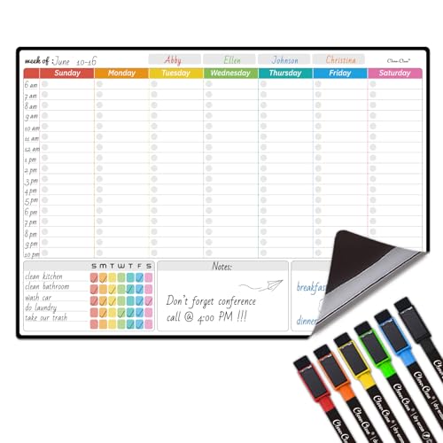 Magnetic Dry Erase Weekly Calendar for Fridge - Large 17"x12" Magnetic Weekly Planning Board with Hourly Time Slots - 6 Extra Fine Point Markers Included - style: Week