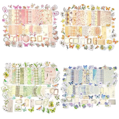 Vintage Floral Scrapbook Paper & Journaling Stickers (400pcs) Assorted Set - 4 Pack Junk Journal Supplies for Bullet Journaling, Retro Crafts, Planner, Mixed Media, Collage Card Album - color: Four Season Flower, size: 3.9 x 5.5