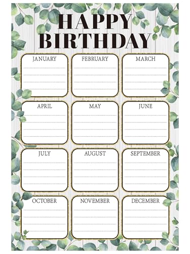 Birthday Chart Poster for Classroom Eucalyptus Happy Birthday Calendar Poster Greenery Reusable Laminated Chart Bulletin Board Decoration for Class Back to School Chalkboard Wall Teacher Supplies