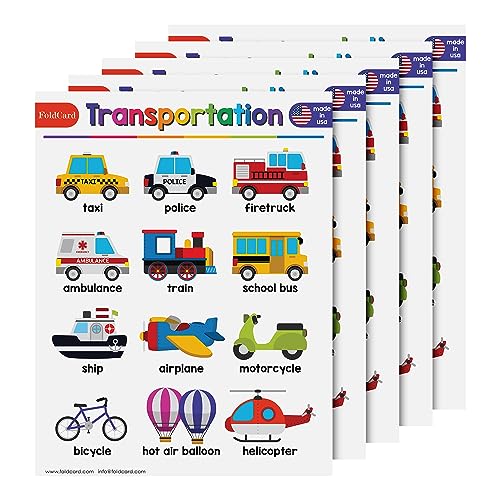 FoldCard Transportation Chart Educational Poster 8.5x11 5pk | Glossy cardstock; bright classroom decorations; preschool-grade 1 learning aid for kids & school supplies - color: Transportation