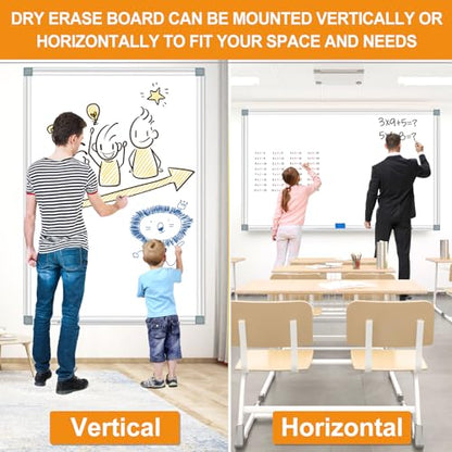 Large Magnetic Dry Erase Whiteboard, 60"X40" White Board for Wall with Long Pen Tray, Dry Erase White Board for Home Office Classroom