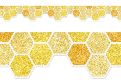 Whaline 65.6 Ft Summer Bulletin Board Border Glitter Yellow Honeycomb Die Cut Trim Border Roll for Back to School Bee Day Home Party Supplies - style: Honeycomb