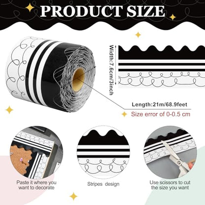 Kolldenn 68.9ft Black and White Bulletin Board Border Black White Squiggles and Stripes Classroom Borders Trim Rolled Die Cut for Bulletin Board Chalkboard School Teachers Wall Decor(Scalloped) - style: Scalloped