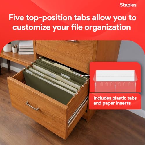 Staples Hanging File Folders, Legal Size, 1/5‑Cut Tabs, Standard Green, Includes Tabs & Paper Inserts – 50/Pack - style: 50 Pack