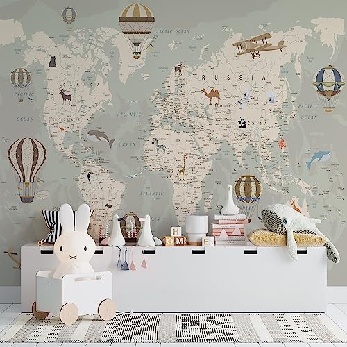 Kids World Map Wallpaper with Animals–Peel and Stick Educational Decals–Nursery Murals for Baby, Toddlers, Boys, Kids Room–Removable Waterproof Decor for Bedroom, Classroom, Playroom(111W x 100H) - size: 111 x 100 inches