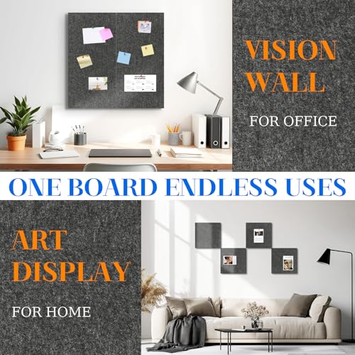 DOLLAR BOSS Felt Cork Board Tiles, 4 Packs 12" x 12" 1/2" Thick Cork Bulletin Board Self Adhesive Acoustic Panels Soundproof Corkboards for Walls with 40 Pushpins for Home Office Kitchen School, Grey | 1/2" Thick, Self Adhesive, Acoustic Soundproof Panels