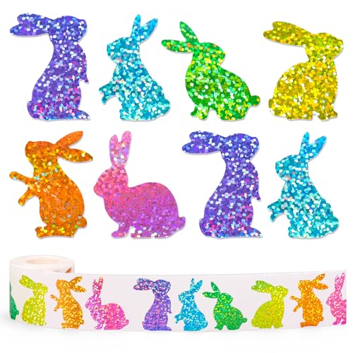 Whaline Easter Bunny Stickers Roll Holographic Seal Stickers Sparkly Colorful Funny Rabbit Self-Adhesive Decals for Spring Birthday Holiday Envelope Journal Decor, 500 Pcs - style: Colorful Bunny