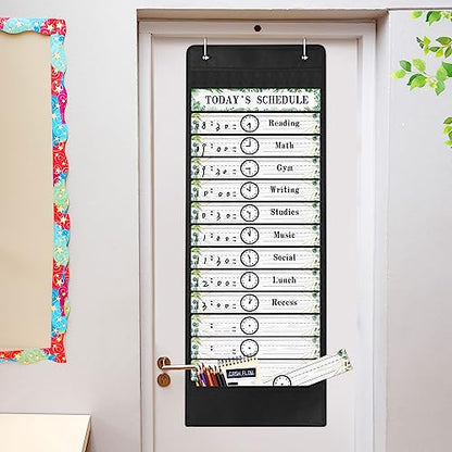 Tatuo Daily Schedule Pocket Chart Classroom Pocket Charts with Reusable Cards and 14 Pockets Farmhouse Classroom Supplies Greenery Schedule Charts for School Office Home Educational Activity(31 Pcs)