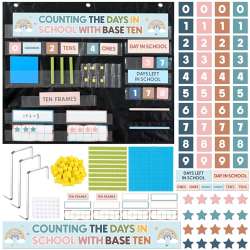 Boho Back to School Counting The Days with Base Ten Pocket Chart Place Value Teaching Materials Counting Pocket Chart for Kids Toddler Learning Activities Classroom Bulletin Board Home Decor - style: Bohemian