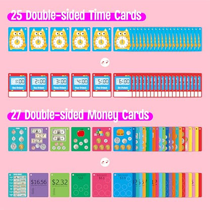 52 PCS Time & Money Flashcards, Double Sided Cognition Cards-Coin Value, Coin Combinations, Counting Coins, Telling Time, Reading Clocks, Learning Tool for Kids Ages 6+ Kindergarten Toddlers - style: Time & Money