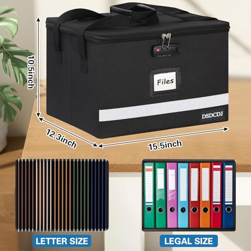 File Box with Lock - Portable File Organizer Box with Handle, Sturdy Important Document Organizer with Label, Slide, Reflective Strip for Hanging Letter/Legal Folder - size: 15.5" x 12.3" x 10.5", style: Black 1 Pack- Box with Lock