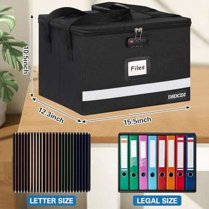File Box with Lock - Portable File Organizer Box with Handle, Sturdy Important Document Organizer with Label, Slide, Reflective Strip for Hanging Letter/Legal Folder - size: 15.5" x 12.3" x 10.5", style: Black 1 Pack- Box with Lock