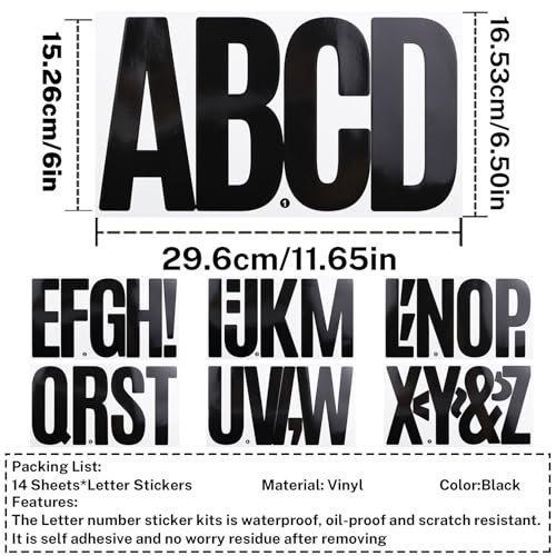 6 Inch Large Letters Stickers, 76 Pieces Self Adhesive Alphabet Sticker for Mailbox, Door, Truck and Outdoor, Waterproof Sticky Vinyl Letter Symbol Stickers,14 Sheets Black - color: Black