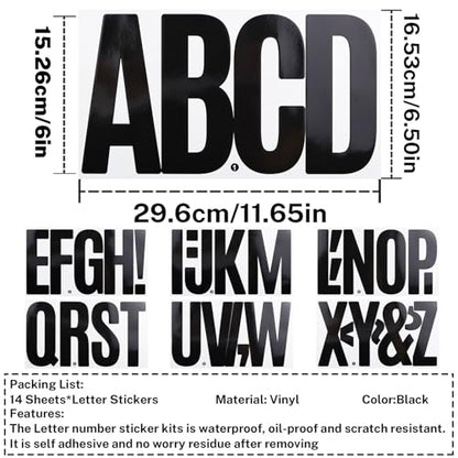 6 Inch Large Letters Stickers, 76 Pieces Self Adhesive Alphabet Sticker for Mailbox, Door, Truck and Outdoor, Waterproof Sticky Vinyl Letter Symbol Stickers,14 Sheets Black - color: Black