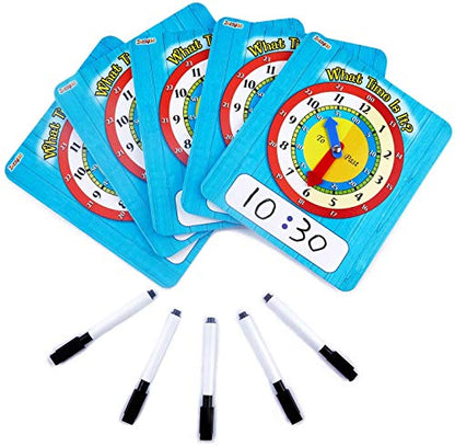 ZazzyKid Time Learning Analog Clock for Kids - Pack of 5 (7 x 8 Inches) with 5 Erasable Markers: Teach Children to Tell The Time