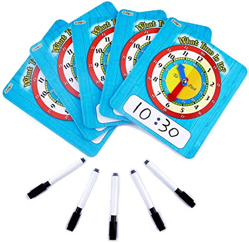 ZazzyKid Time Learning Analog Clock for Kids - Pack of 5 (7 x 8 Inches) with 5 Erasable Markers: Teach Children to Tell The Time