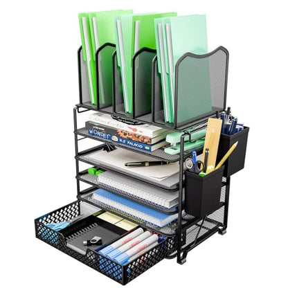 Simple Trending 5 Tier Mesh Desk File Organizer, Paper Letter Tray File Holder with Sliding Drawer Organizer for Office Home, Black - size: 9.25"D x 13.25"W x 19.5"H