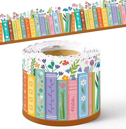 BeYumi Wildflower Bookshelf Border Trim - 65ft Back to School Floral Books Rolled Border Trim Bookshelf Bulletin Board Set Library Classroom Office Chalkboard Kindergarten Home Wall Party Decoration - style: Wildflower Bookshelf