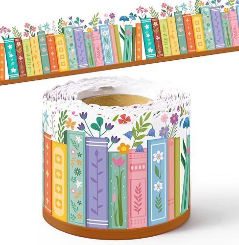 BeYumi Wildflower Bookshelf Border Trim - 65ft Back to School Floral Books Rolled Border Trim Bookshelf Bulletin Board Set Library Classroom Office Chalkboard Kindergarten Home Wall Party Decoration - style: Wildflower Bookshelf
