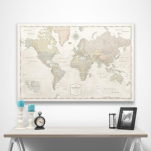 Conquest Maps World Travel Map with Pins Desert Sunrise Style Push Pin Travel Map Cork Board, Track Your Travels w/a Handmade Unique Canvas Pinable Map (48" x 32") - size: 48"L x 32"W