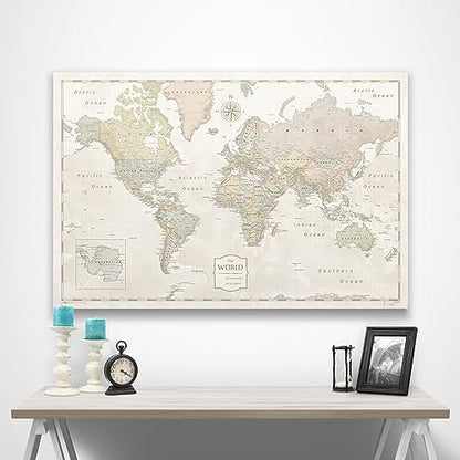 Conquest Maps World Travel Map with Pins Desert Sunrise Style Push Pin Travel Map Cork Board, Track Your Travels w/a Handmade Unique Canvas Pinable Map (48" x 32") - size: 48"L x 32"W