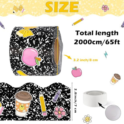 BeYumi Composition Rolled Border Trim - 65ft Back to School Composition Pencil Bow Scalloped Rolled Border Trim Ruler Apple Bulletin Board Set School Classroom Office Chalkboard Party Holiday Decor - style: Black Notebook