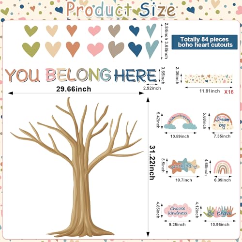 Boho Classroom Tree Bulletin Board Decorations Heart Cutouts Border Welcome Classroom You Belong Here Bulletin Board Decor Supplies for Chalkboard Elementary School Home Wall(You Belong Here) - style: You Belong Here