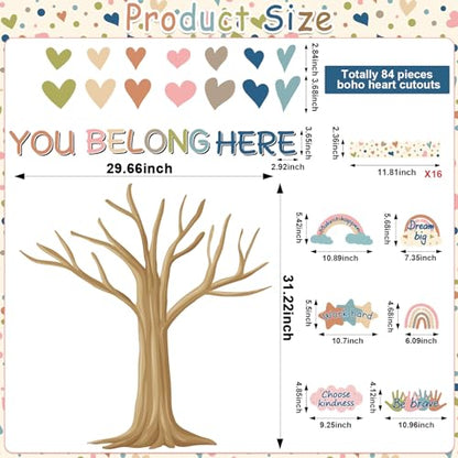 Boho Classroom Tree Bulletin Board Decorations Heart Cutouts Border Welcome Classroom You Belong Here Bulletin Board Decor Supplies for Chalkboard Elementary School Home Wall(You Belong Here) - style: You Belong Here
