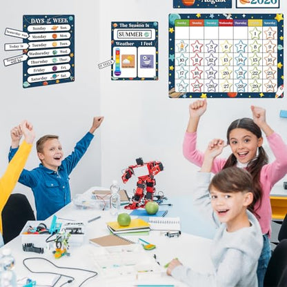 122pcs Outer Space Classroom Calendar Bulletin Board Decorations with Seasons Weather Festivals School Year Calendar for Back to School Elementary Classroom Must Haves
