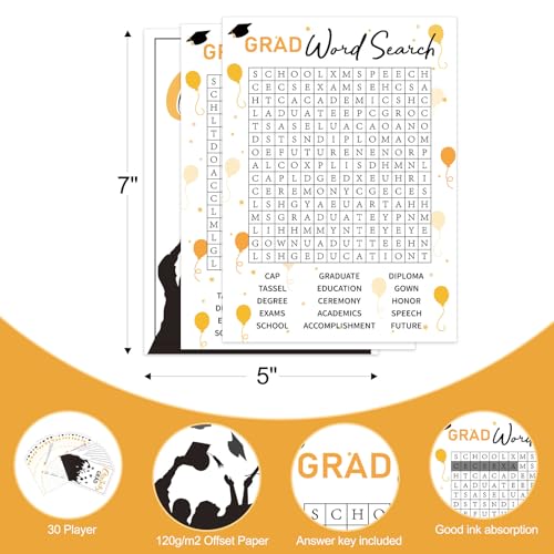 COCHIE 30 Players 2026 Graduation Party Games, Graduation Words Search Game, Word Scramble Guess Game with Answer Key, Grad Parties Supplies Favor (Grad Word Search) - style: Grad Word Search