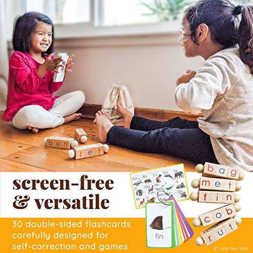 LITTLE BUD KIDS Spin-and-Read Montessori Phonetic Reading Blocks with CVC Phonics Flashcards for Beginner Readers, Montessori Reading Wooden Toys for 3 Years +