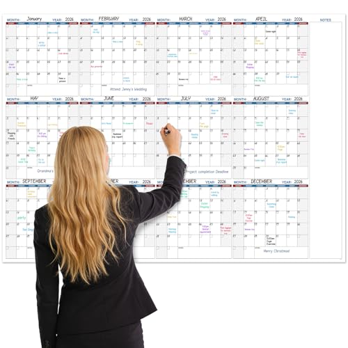 Large Dry Erase Calendar for Wall, Yearly Wall Calendar Dry Erase, 37" x 58", 12-Month Undated Blank Calendar Planner, Erasable & Reusable Laminated Wall Calendar, Dry Erase Wall Calendar with 15 Round Stickers, Great for Office, Classroom, Home