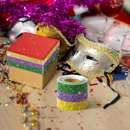 BeYumi Mardi Gras Border Trim - 65ft Mardi Gras Straight Rolled Border Trim Classic Glitter Yellow Purple Green Bulletin Board Set Carnival Holiday Masquerade Party School Classroom Home Wall Decor - style: Mardi Gras