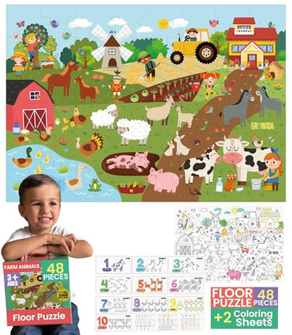 Floor Puzzles for Kids Ages 3-5 4-6 Educational 48 Piece Farm Animals with 2 Giant Coloring Posters Preschool Learning Toy Tractors Tools Barnyard Animals Screen Free Family Playtime - style: FARM ANIMALS