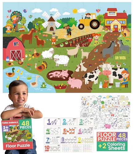 Floor Puzzles for Kids Ages 3-5 4-6 Educational 48 Piece Farm Animals with 2 Giant Coloring Posters Preschool Learning Toy Tractors Tools Barnyard Animals Screen Free Family Playtime - style: FARM ANIMALS