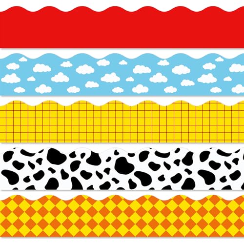 JarThenaAMCS 69Ft Cartoon Story Bulletin Board Borders Blue Sky Cow Print Yellow Checkered Red Self-Adhesive Scalloped Border Trim for Back to School Classroom Office Chalkboard Decoration - style: Cartoon Story