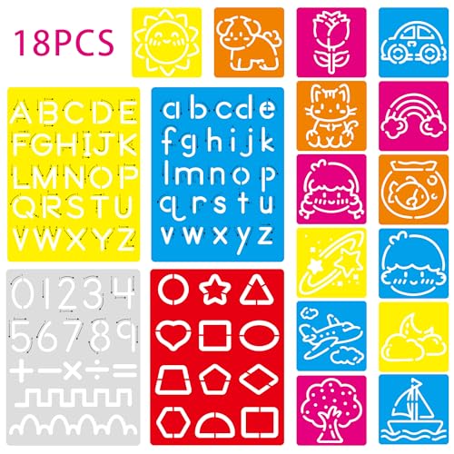 18 PCS Letter Tracing Stencils for Kids Numbers Alphabet Colorful Stencil Mix Car Animal Stencils Writing Practice Kit