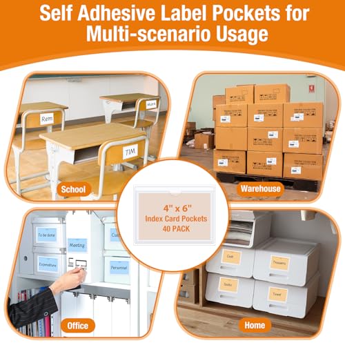 40 PCS Index Card Pockets 4"X6", Self Adhesive Card Pockets, Clear Label Pockets for Storage Bins, Plastic Labels Holders for Organizing, Loading, Drawer,Library Card, Totes, Shelves (4"X6") - size: 4"X6"