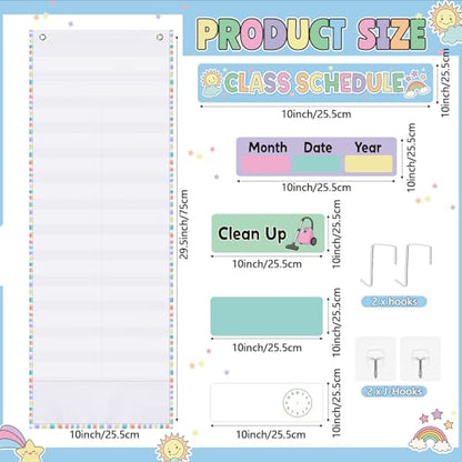 Funrous Daily Schedule Pocket Chart with 82 Cards, Linen Wall Hanging Organizer for Welcome Back to School Classroom Decorations Homeschool Visual Planner Routine Calendar(Pastel) - style: Pastel