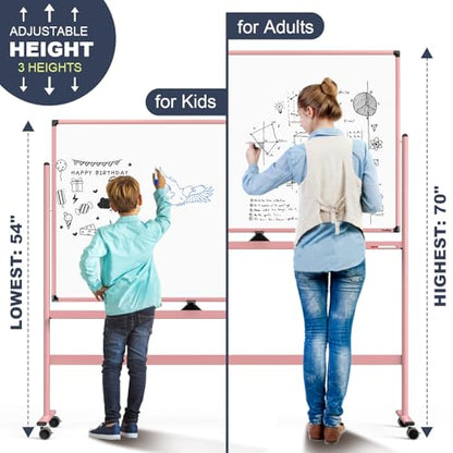 Mobile Whiteboard, 48x32 Inches Dry Erase Board with Stand, Large Rolling Whiteboard on Wheels, Standing White Board for Office, School, Home, Magnetic Double Sided White Board with Paper Pad - color: Pink, size: 48"x32"
