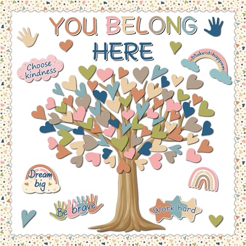 Boho Classroom Tree Bulletin Board Decorations Heart Cutouts Border Welcome Classroom You Belong Here Bulletin Board Decor Supplies for Chalkboard Elementary School Home Wall(You Belong Here) - style: You Belong Here