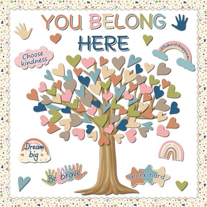 Boho Classroom Tree Bulletin Board Decorations Heart Cutouts Border Welcome Classroom You Belong Here Bulletin Board Decor Supplies for Chalkboard Elementary School Home Wall(You Belong Here) - style: You Belong Here