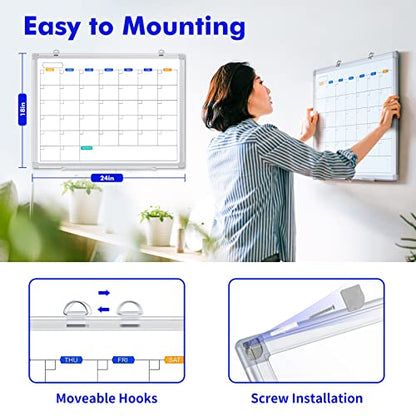 Dry Erase Calendar Whiteboard for Wall, 24" x 18" Magnetic Monthly White Board Calendar Dry Erase, Wall Hanging Aluminum Frame with Tray for Home, School, Office - size: 24" x 18" Silver Frame